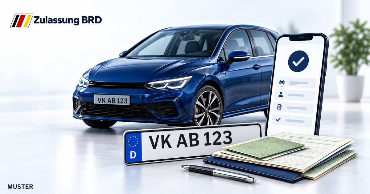 Online Fahrzeugzulassung in Völklingen: Musterkennzeichen VK AB 123, Auto und Fahrzeugpapiere und Smartphone. Illustration mit Logo von Zulassung BRD.